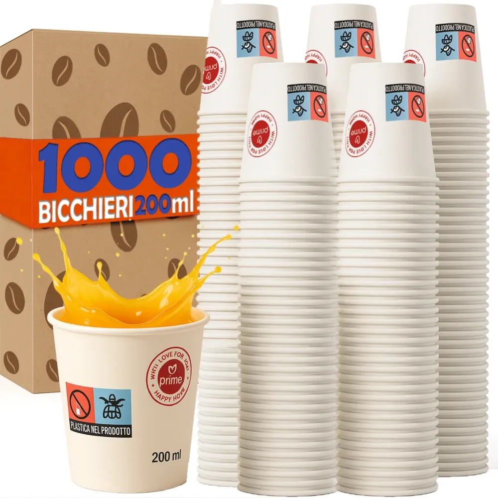1000 Bicchieri Acqua o Bibita Monouso Capacità 200ml Tazzina Carta Usa e Getta