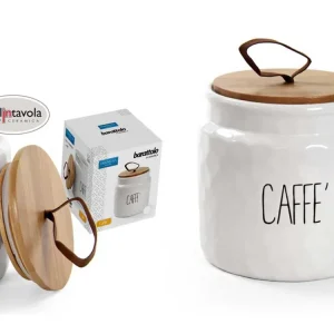 Barattolo caffÃ¨ shabby chic ceramica e bamboo bianco e naturale 14x14 cm - Passionecasa