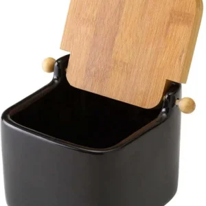 Barattolo Ceramica Tappo Legno Bambu Sale Zucchero Caffe Saliera 0,7lt Nero
