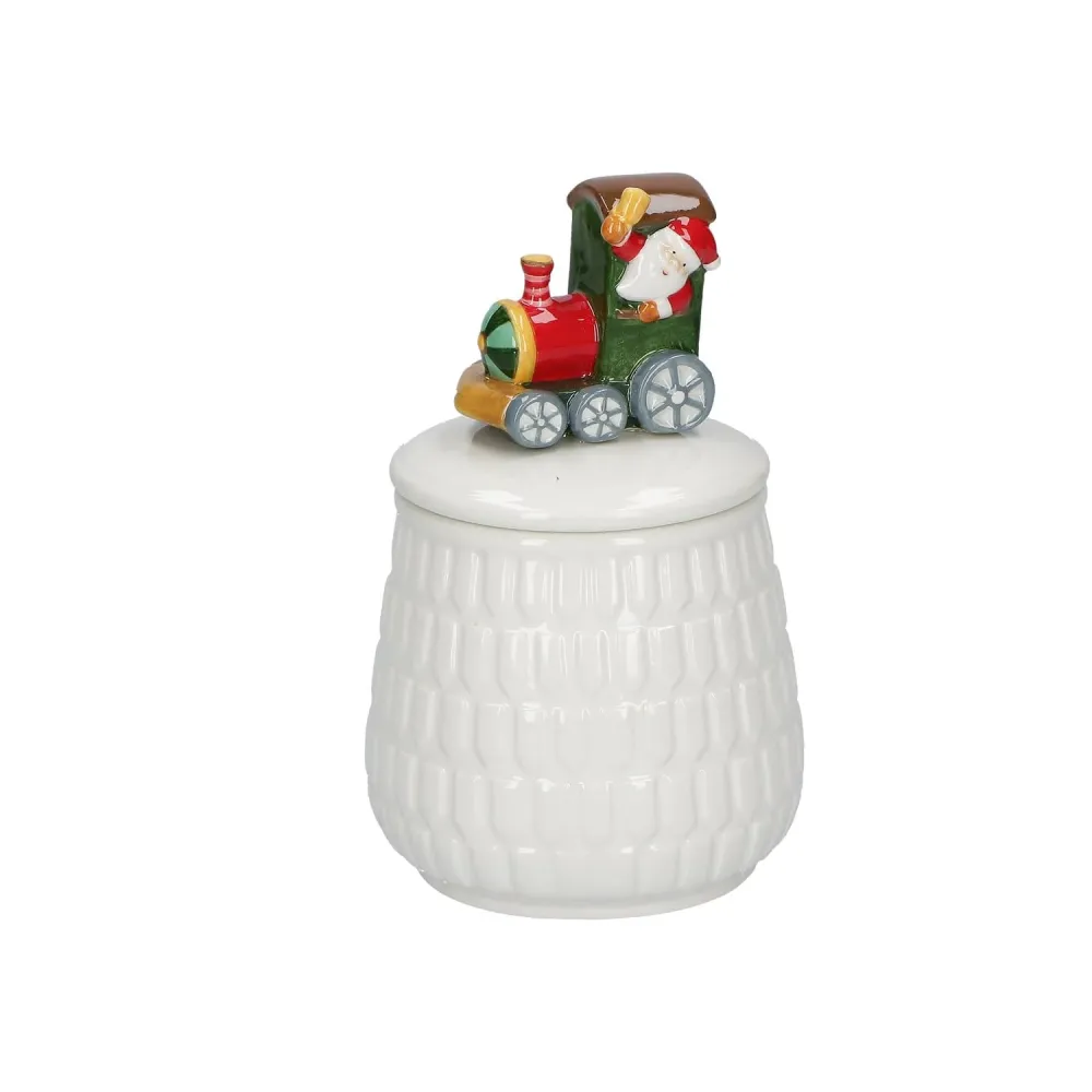 Barattolo sale zucchero caffè porcellana trenino con babbo natale 16 cm
