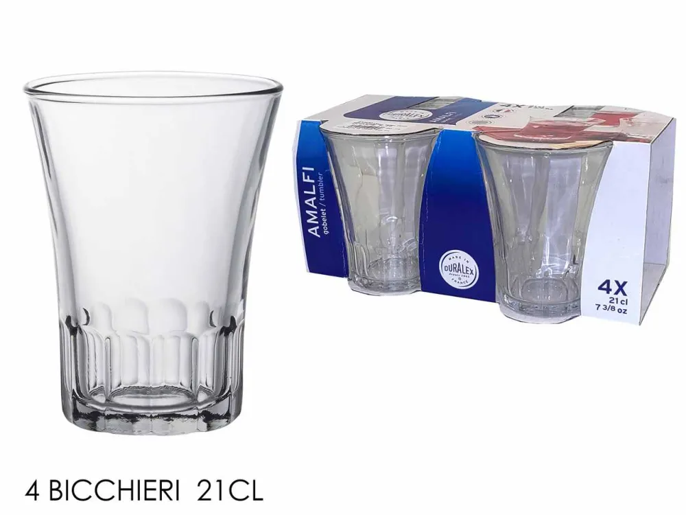 Bicchieri vetro temperato trasparente linea amalfi 21cl 4 pezzi