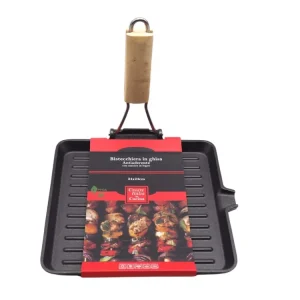 Bistecchiera antiaderente ghisa induzione, quadrata, con manico legno, compatibile con ceramica, alogeno, gas, elettrico,...