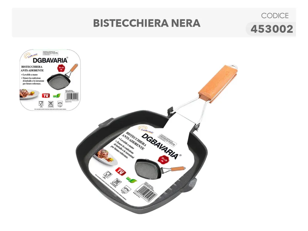 Bistecchiera antiaderente metallo e legno quadrata nera 28x28 cm - Casalinghi del Giudice
