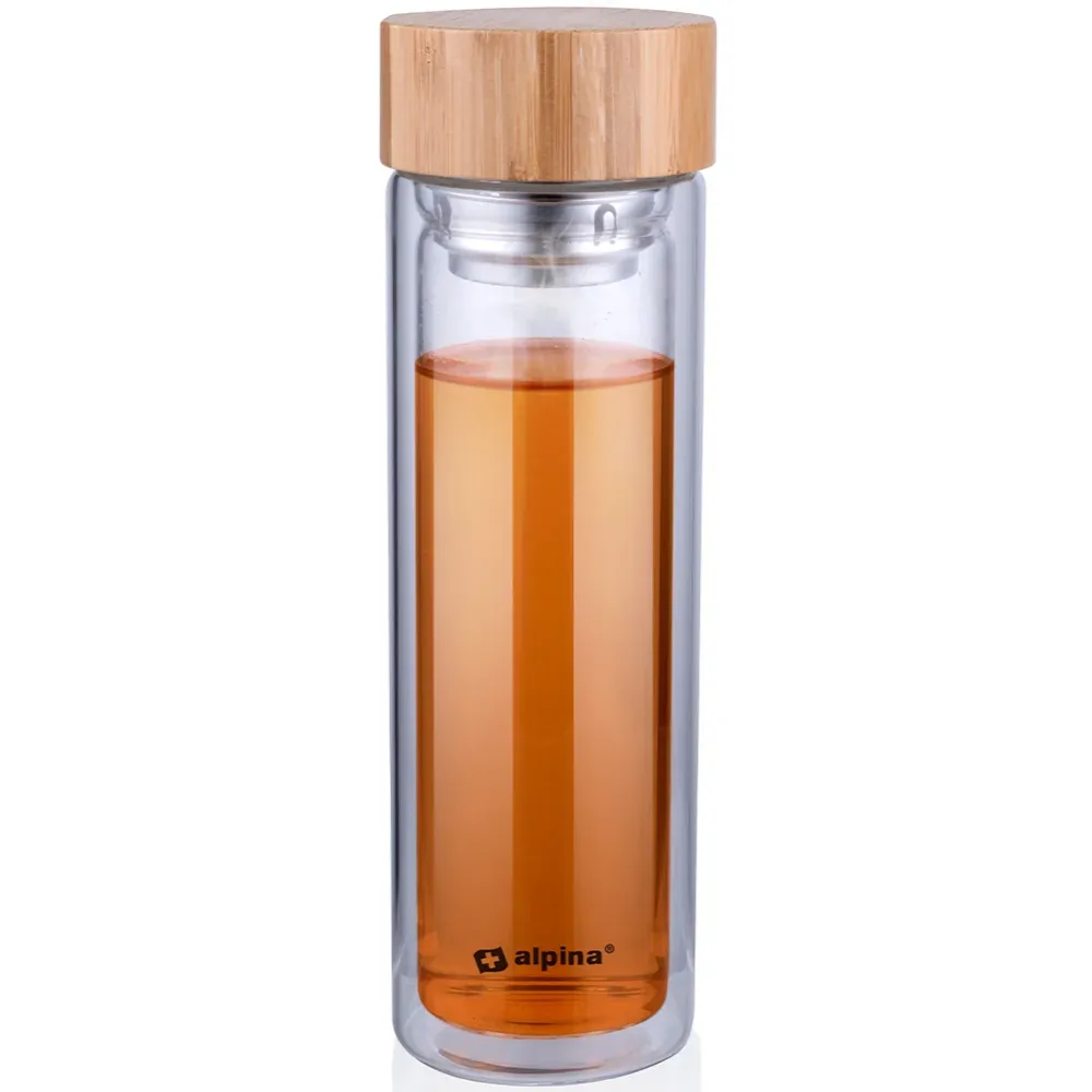 Borraccia Termica Vetro 450 ml Bottiglia con Tappo Bambù e Filtro del Tè