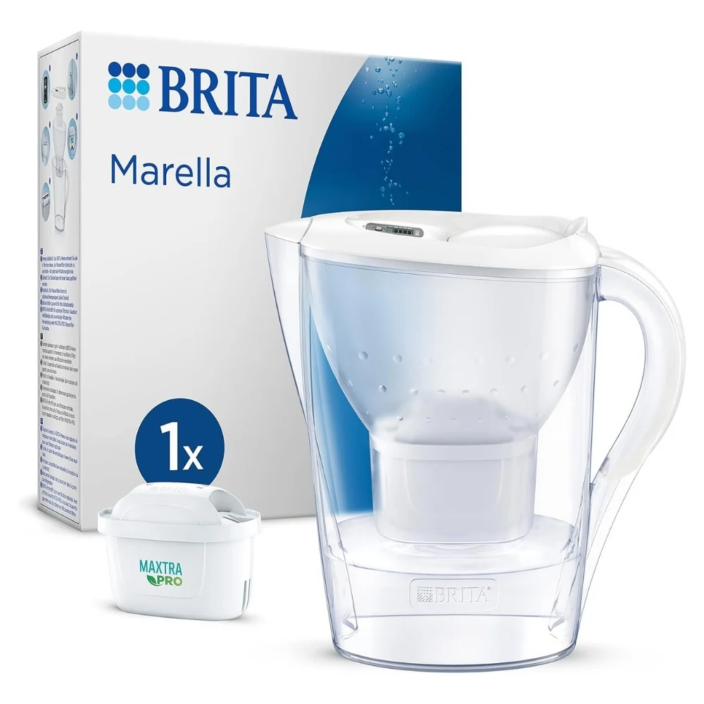 BRITA Caraffa filtrante Marella bianca (2.4L) Con 1 filtro MAXTRA PRO All--1 Con Memo digitale e coperchio ribaltabile