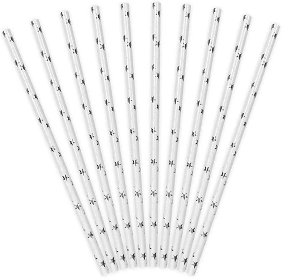 Cannucce bianche stelle argento 19,5cm 10pz