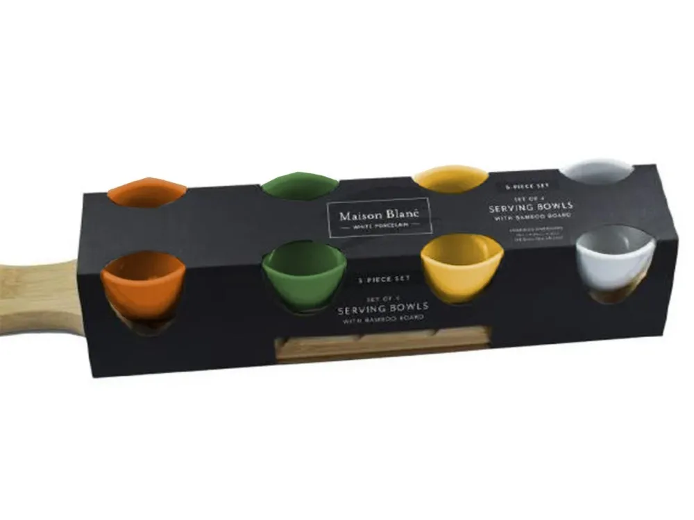 Ciotole ceramica con vassoio legno set da 4 ciotole 48,5x11x6,5cm