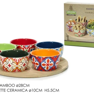 Ciotole per aperitivo con vassoio ceramica e bamboo mediterraneo, 6 pezzi - Gusto Casa