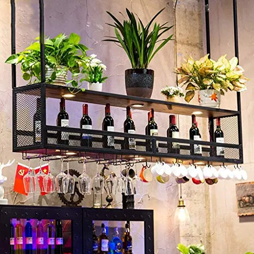 2-Tiers Hanging Holder Holder Art Art Bar Contatore con soffitto Portabici con lampada testa giù con il supporto del bicch...
