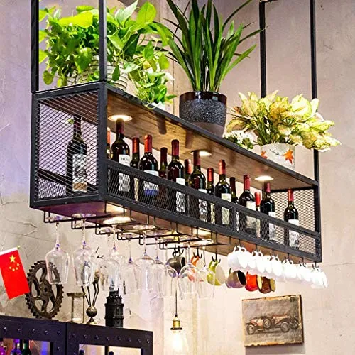 2-Tiers Hanging Holder Holder Art Art Bar Contatore con soffitto Portabici con lampada testa giù con il supporto del bicch...
