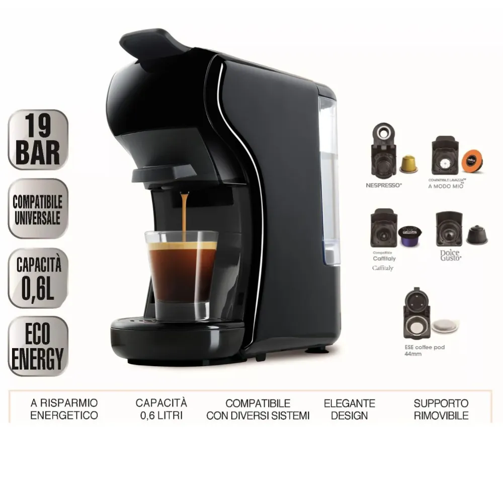 DCG ES6517 - Macchina Del Caffè Universale, serbatoio 0,6 Litri, 19 BAR, 1.450W - NERA+ Omaggio 15 Pz Cialde / Capsule