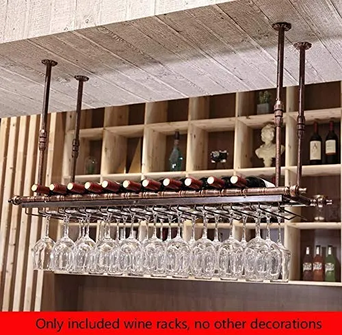 DJSMjbj - Portabottiglie da vino, testa giù, con supporto da soffitto, facile da installare, color rame, 80*30cm