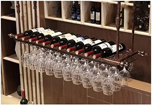 DJSMjbj - Portabottiglie da vino, testa giù, con supporto da soffitto, facile da installare, color rame, 80*30cm