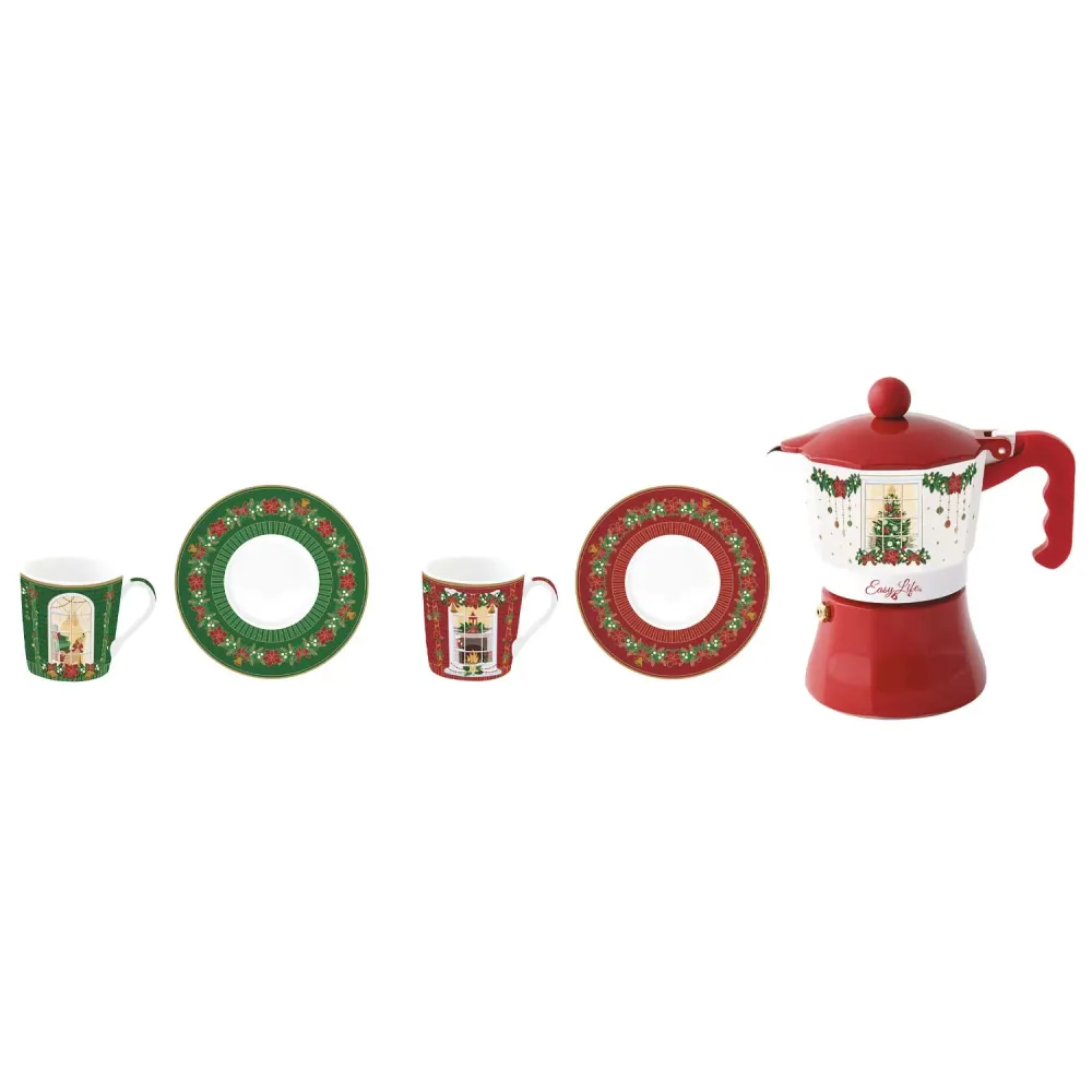 EASY LIFE Festive Avenue Set 2 Tazzine Caffè Espresso con Piattino e Caffettiera Porcellana