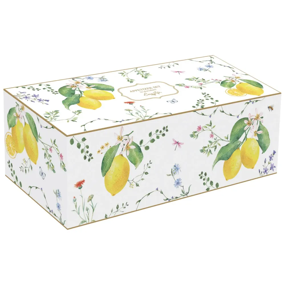 EASY LIFE Fleurs et Citrons Set Aperitivo Acacia con 4 Ciotole Porcellana 29x13cm