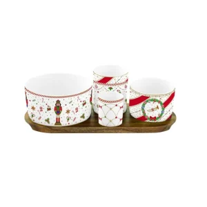 Easy Life Set aperitivo di natale con base acacia e 4 ciotole porcellana con schiaccianoci della linea "Nutcracker Twist".