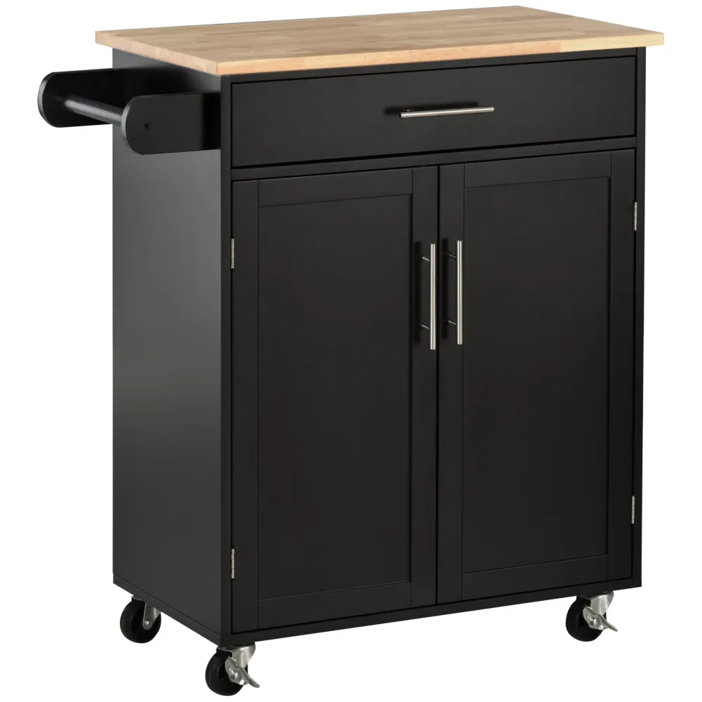 EasyComfort Carrello da Cucina con Cassetto e Armadietto 2 Ante, Ruote e Barra Laterale, 83x45x91.5cm, Nero