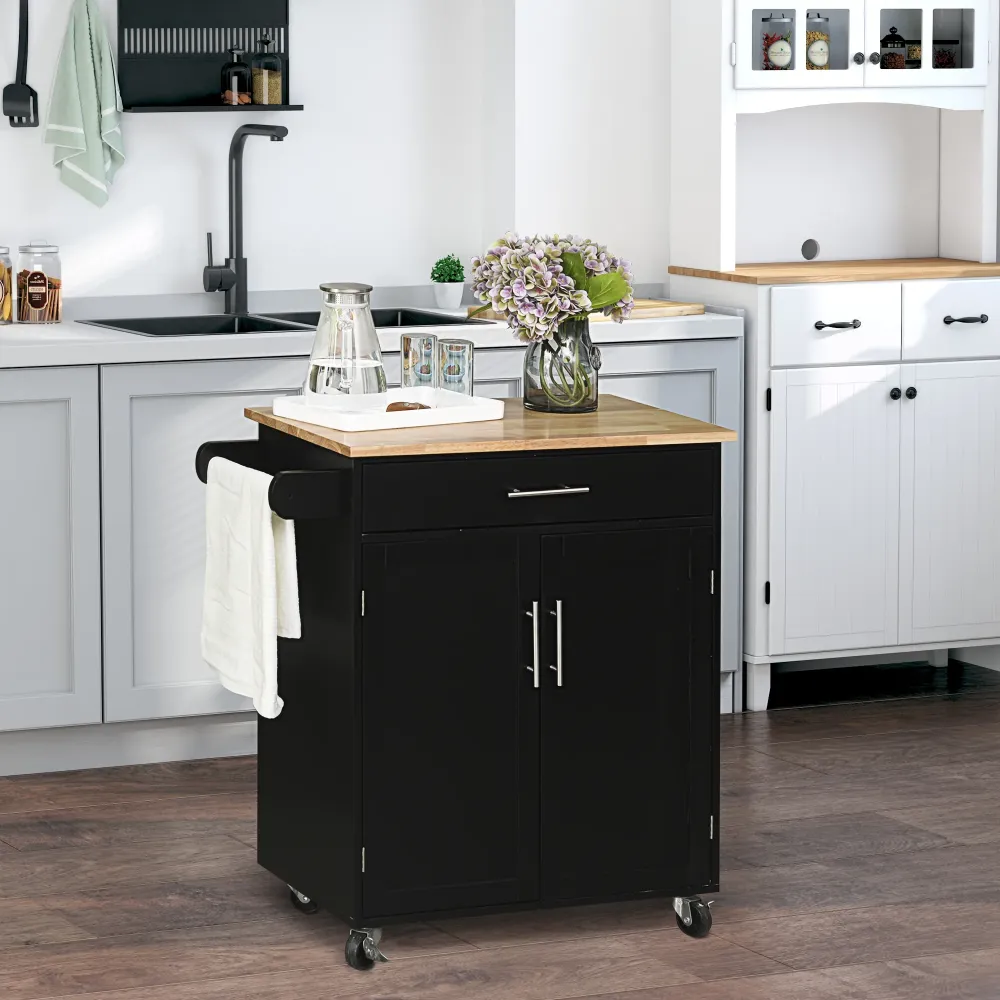 EasyComfort Carrello da Cucina con Cassetto e Armadietto 2 Ante, Ruote e Barra Laterale, 83x45x91.5cm, Nero
