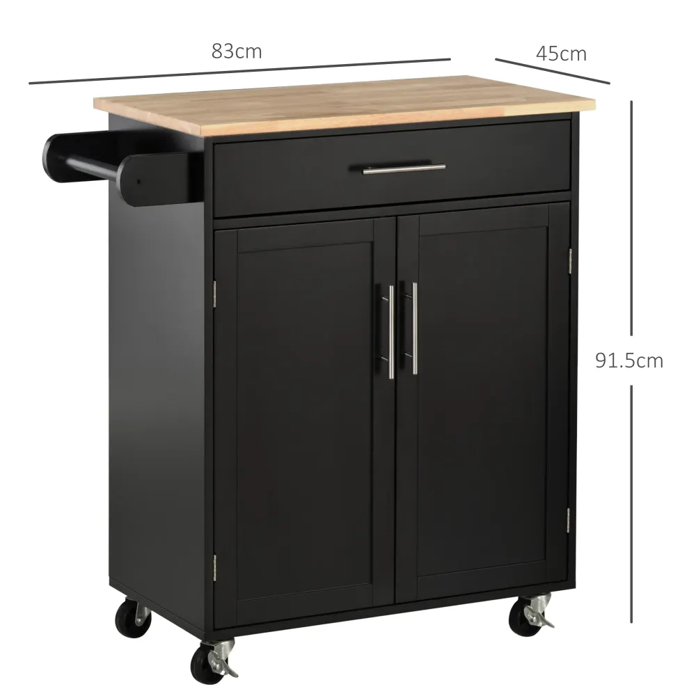 EasyComfort Carrello da Cucina con Cassetto e Armadietto 2 Ante, Ruote e Barra Laterale, 83x45x91.5cm, Nero