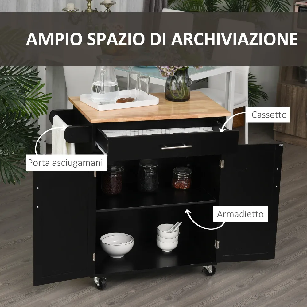 EasyComfort Carrello da Cucina con Cassetto e Armadietto 2 Ante, Ruote e Barra Laterale, 83x45x91.5cm, Nero