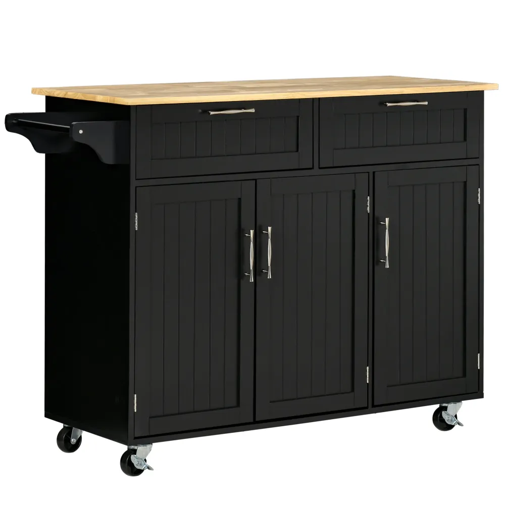Easycomfort Carrello da Cucina Legno con 2 Cassetti, Armadietto 3 Ante e 4 Ruote, 121x46x91cm, Nero