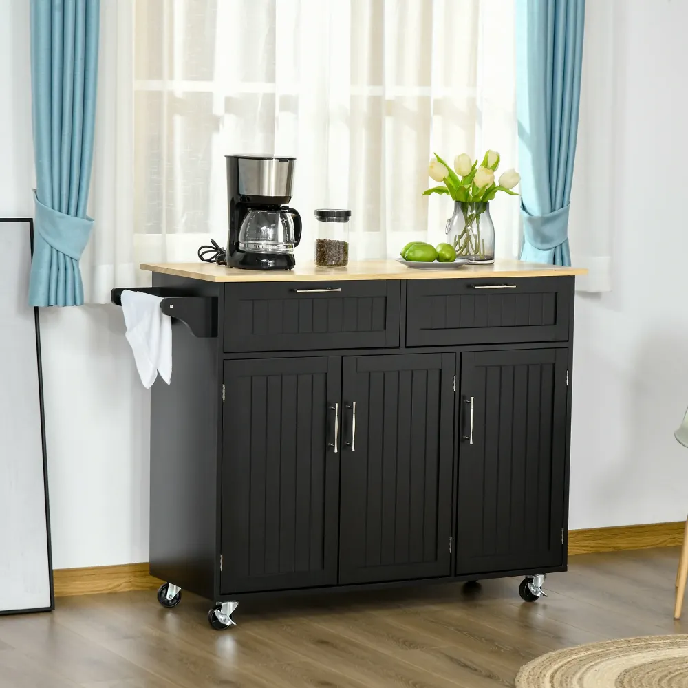 Easycomfort Carrello da Cucina Legno con 2 Cassetti, Armadietto 3 Ante e 4 Ruote, 121x46x91cm, Nero
