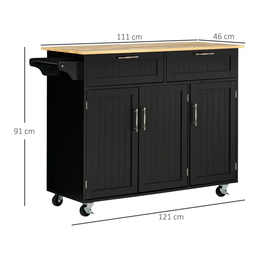Easycomfort Carrello da Cucina Legno con 2 Cassetti, Armadietto 3 Ante e 4 Ruote, 121x46x91cm, Nero