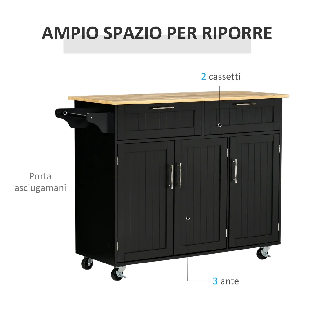 Easycomfort Carrello da Cucina Legno con 2 Cassetti, Armadietto 3 Ante e 4 Ruote, 121x46x91cm, Nero