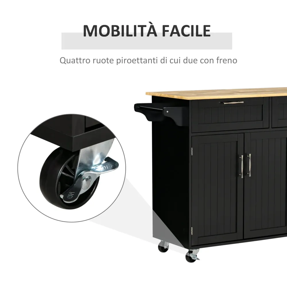 Easycomfort Carrello da Cucina Legno con 2 Cassetti, Armadietto 3 Ante e 4 Ruote, 121x46x91cm, Nero