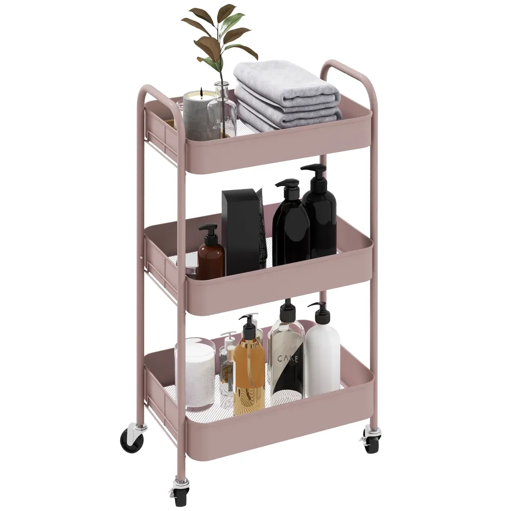EasyComfort Carrello da Cucina 3 Livelli con Maniglie e 4 Rotelle, Acciaio, 45x30.6x79 cm, Rosa