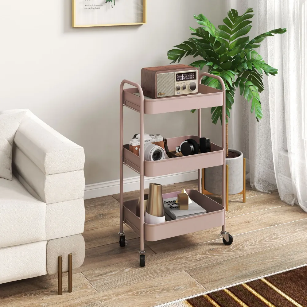 EasyComfort Carrello da Cucina 3 Livelli con Maniglie e 4 Rotelle, Acciaio, 45x30.6x79 cm, Rosa