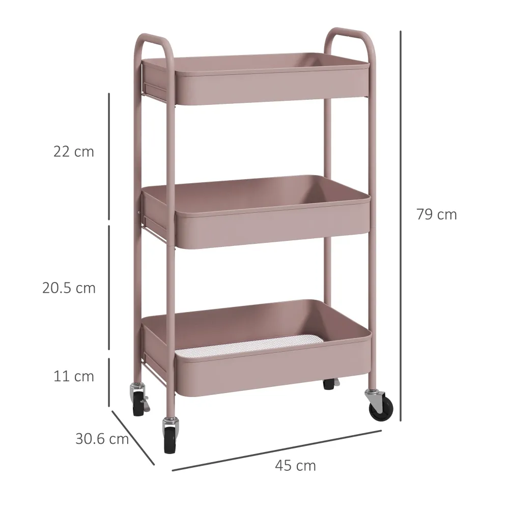 EasyComfort Carrello da Cucina 3 Livelli con Maniglie e 4 Rotelle, Acciaio, 45x30.6x79 cm, Rosa