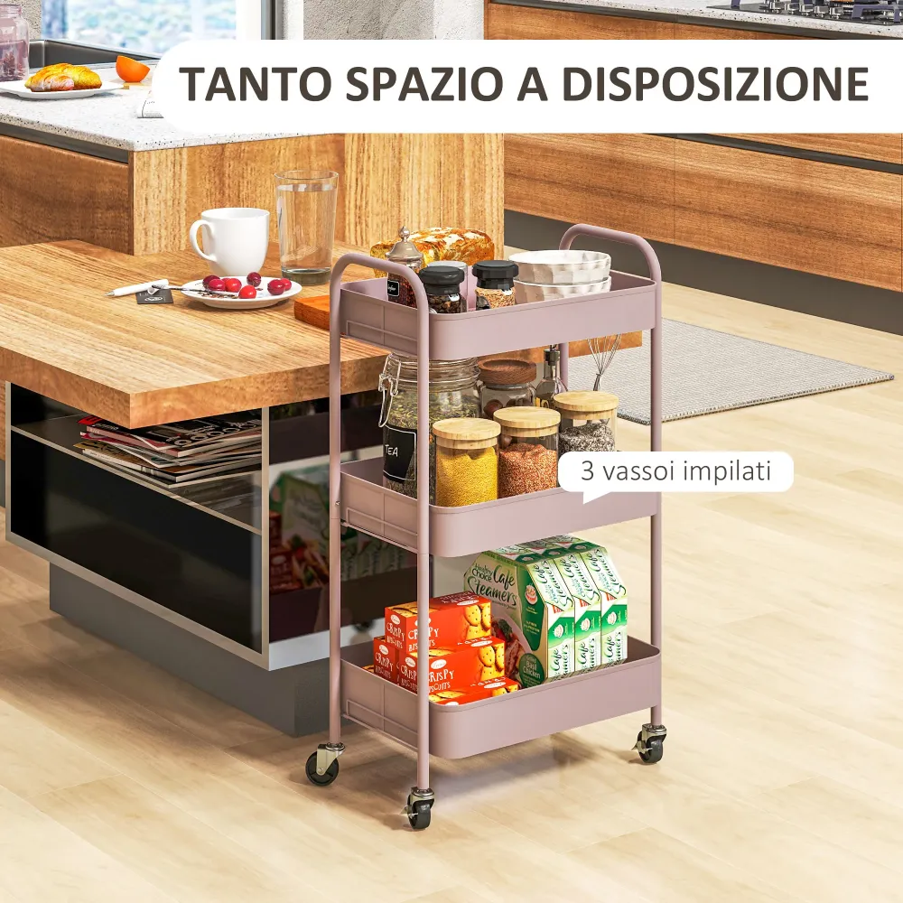 EasyComfort Carrello da Cucina 3 Livelli con Maniglie e 4 Rotelle, Acciaio, 45x30.6x79 cm, Rosa