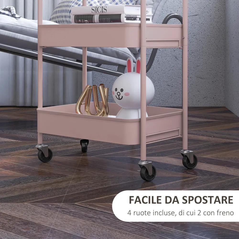 EasyComfort Carrello da Cucina 3 Livelli con Maniglie e 4 Rotelle, Acciaio, 45x30.6x79 cm, Rosa