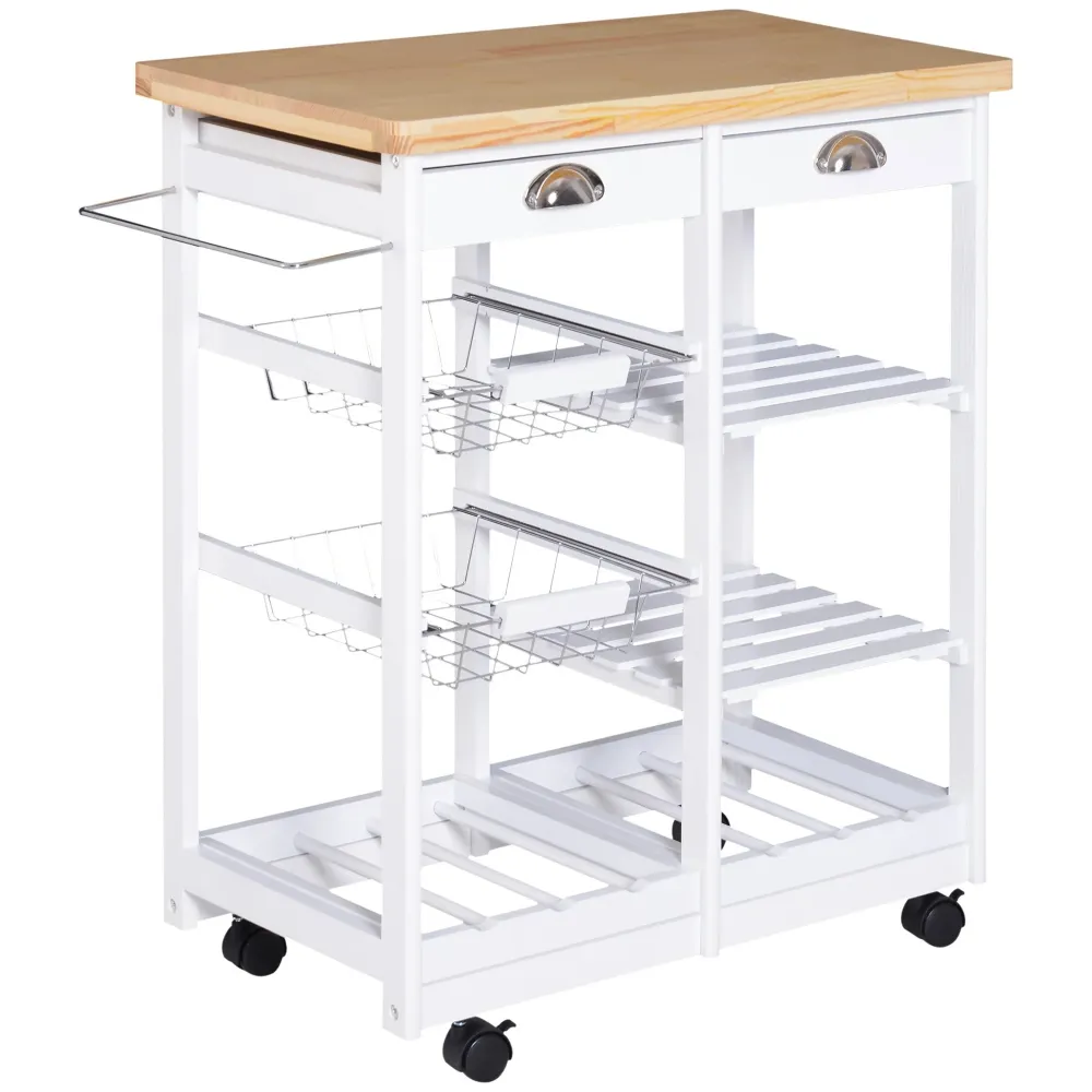 Easycomfort Carrello da Cucina Multiuso con 2 Cassetti, 2 Ripiani e 2 Cesti, Legno di Pino, 74x37x76 cm, Bianco
