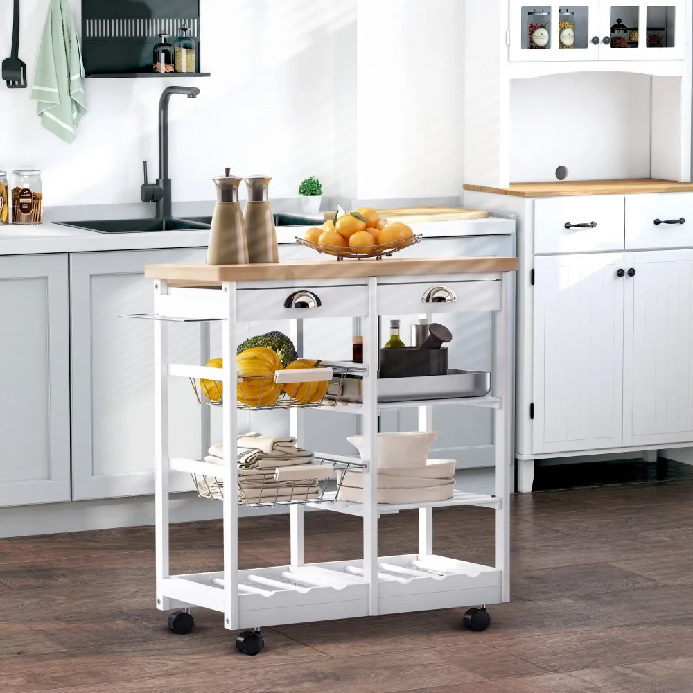 Easycomfort Carrello da Cucina Multiuso con 2 Cassetti, 2 Ripiani e 2 Cesti, Legno di Pino, 74x37x76 cm, Bianco