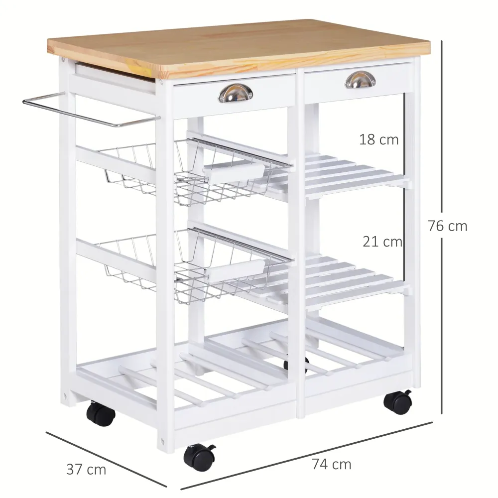 Easycomfort Carrello da Cucina Multiuso con 2 Cassetti, 2 Ripiani e 2 Cesti, Legno di Pino, 74x37x76 cm, Bianco