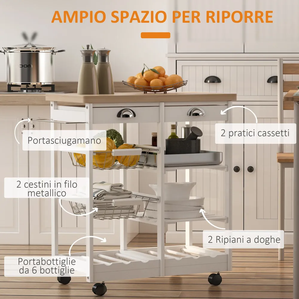 Easycomfort Carrello da Cucina Multiuso con 2 Cassetti, 2 Ripiani e 2 Cesti, Legno di Pino, 74x37x76 cm, Bianco