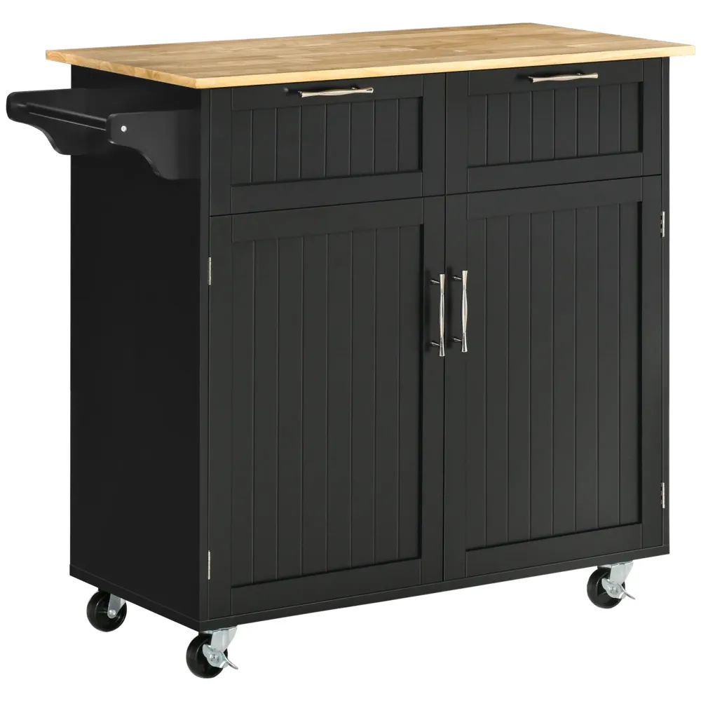 Easycomfort Carrello da Cucina Multiuso Legno con 2 Cassetti, Armadietto e 4 Ruote, 104x46x91cm, Nero