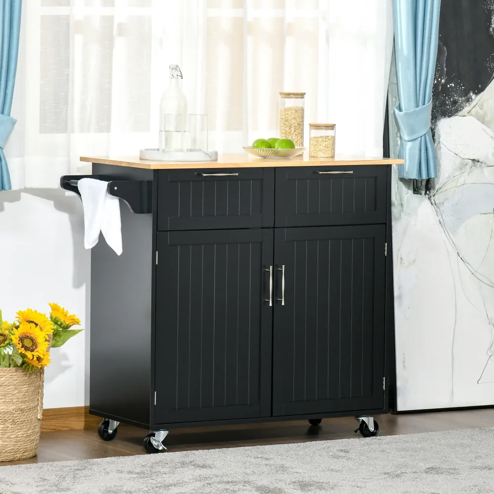 Easycomfort Carrello da Cucina Multiuso Legno con 2 Cassetti, Armadietto e 4 Ruote, 104x46x91cm, Nero