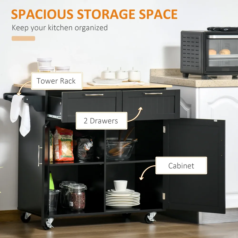 Easycomfort Carrello da Cucina Multiuso Legno con 2 Cassetti, Armadietto e 4 Ruote, 104x46x91cm, Nero