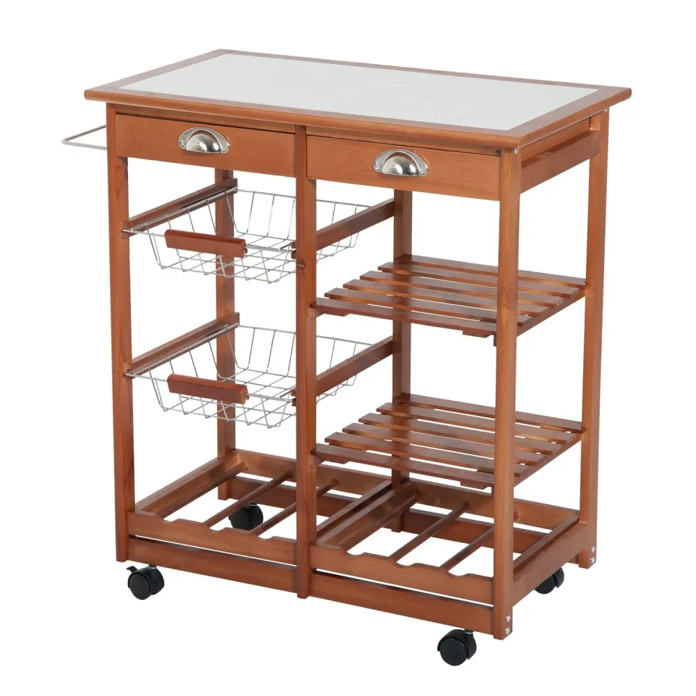 EasyComfort Carrello da Cucina Multiuso Legno di Pino con 4 Ruote e Cassetti 74x37x75cm, Marrone Chiaro
