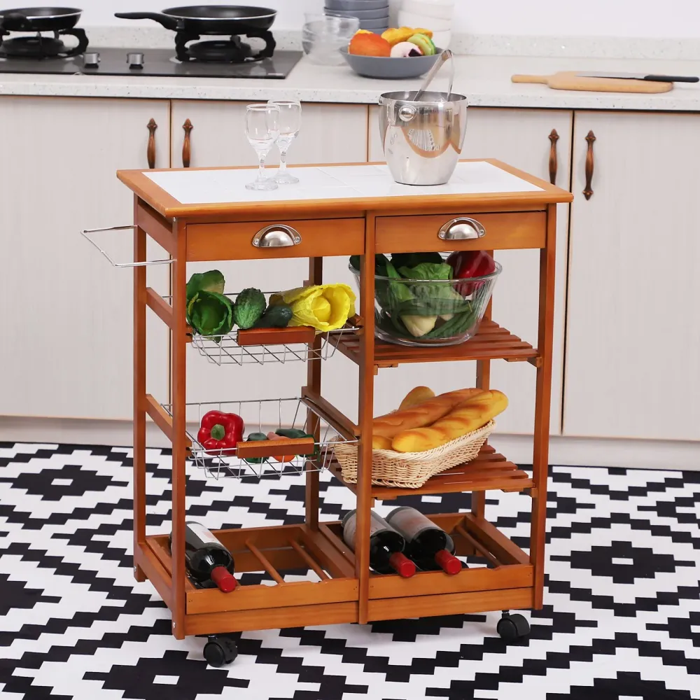 EasyComfort Carrello da Cucina Multiuso Legno di Pino con 4 Ruote e Cassetti 74x37x75cm, Marrone Chiaro