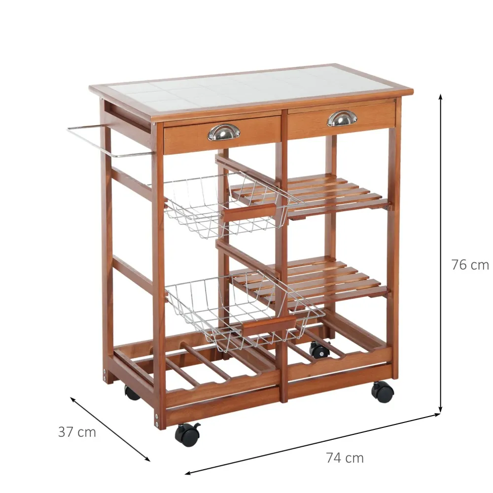 EASYCOMFORT Carrello da Cucina Multiuso Legno di Pino con 4 Ruote e Cassetti 74x37x75cm, Marrone Chiaro