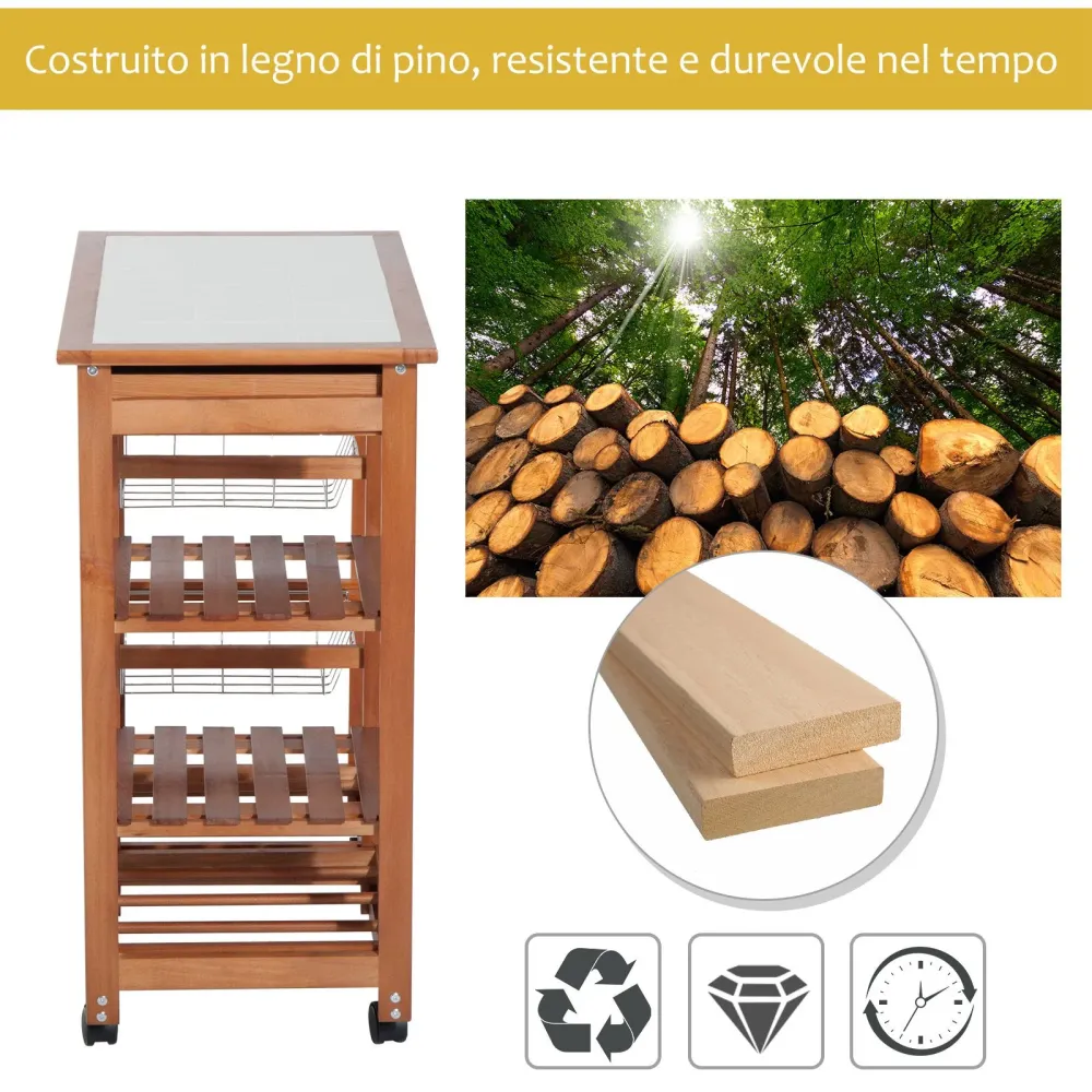 EASYCOMFORT Carrello da Cucina Multiuso Legno di Pino con 4 Ruote e Cassetti 74x37x75cm, Marrone Chiaro