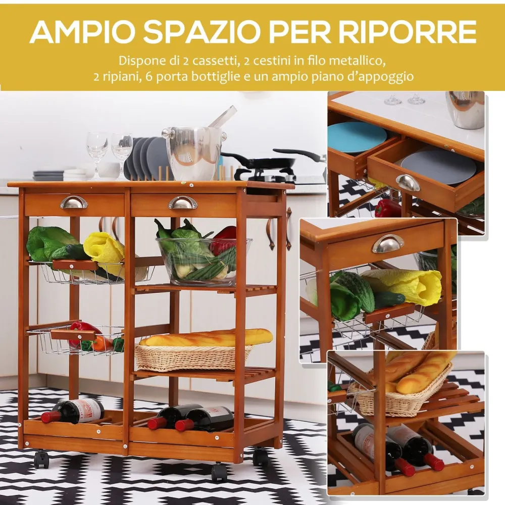 EASYCOMFORT Carrello da Cucina Multiuso Legno di Pino con 4 Ruote e Cassetti 74x37x75cm, Marrone Chiaro