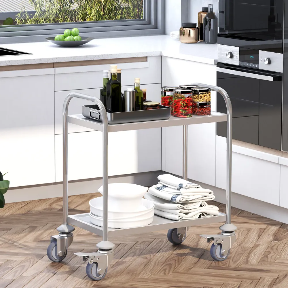 Easycomfort Carrello da Cucina 2 Ripiani con Ruote Acciaio Inox 71x41x81cm, Argento