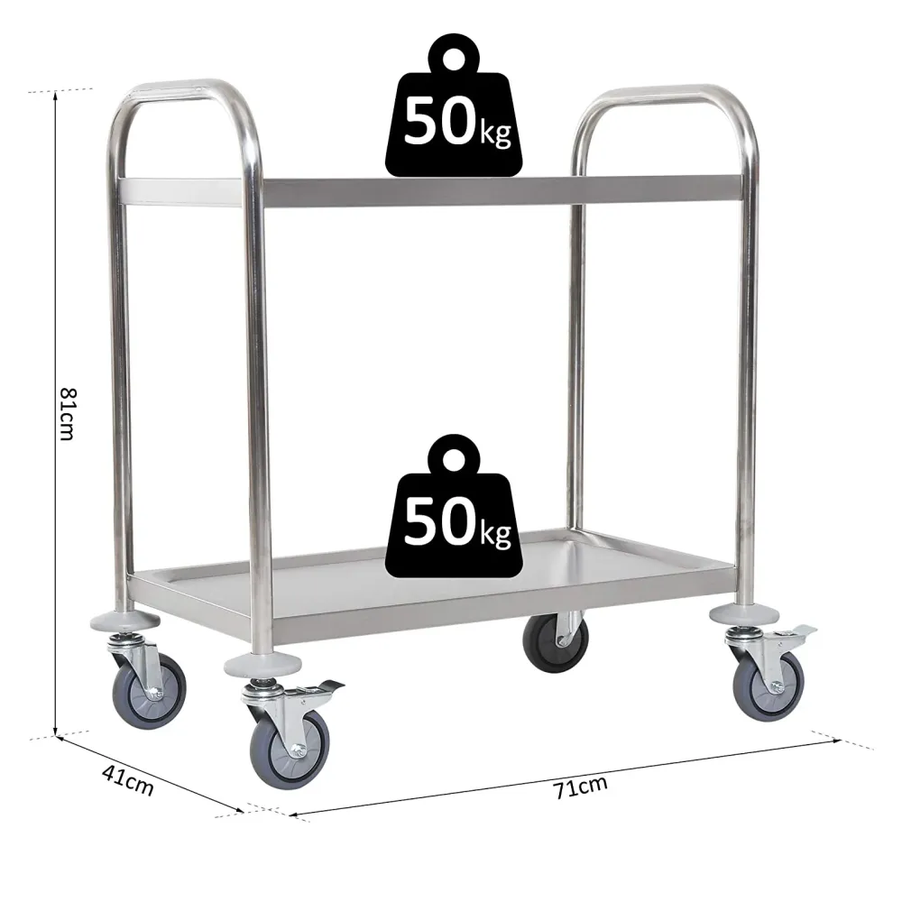 Easycomfort Carrello da Cucina 2 Ripiani con Ruote Acciaio Inox 71x41x81cm, Argento