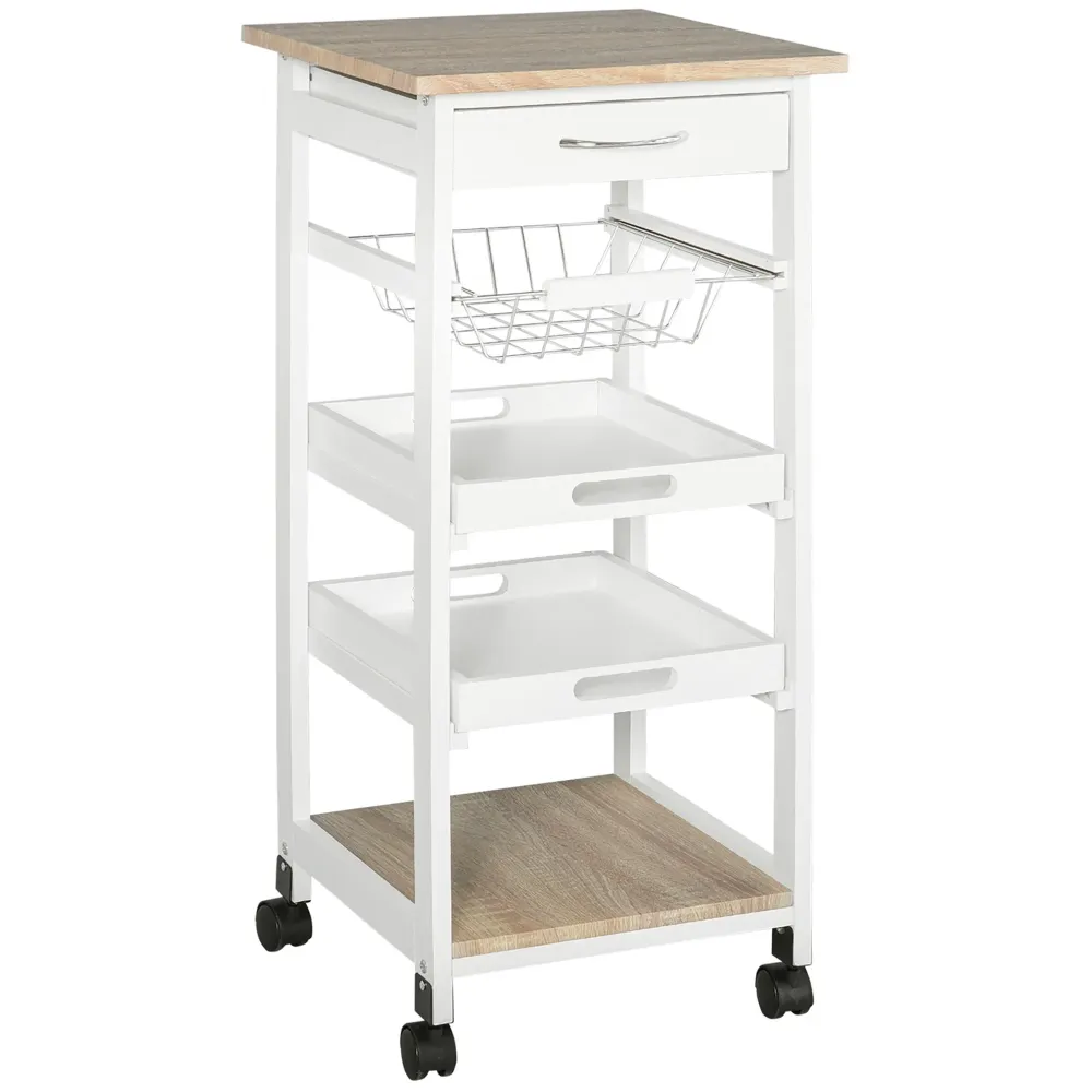 Easycomfort Carrello da Cucina Salvaspazio Legno di Pino e MDF, Carrello Portaoggetti con Cassetto, Cestello, 2 Vassoi e 4...