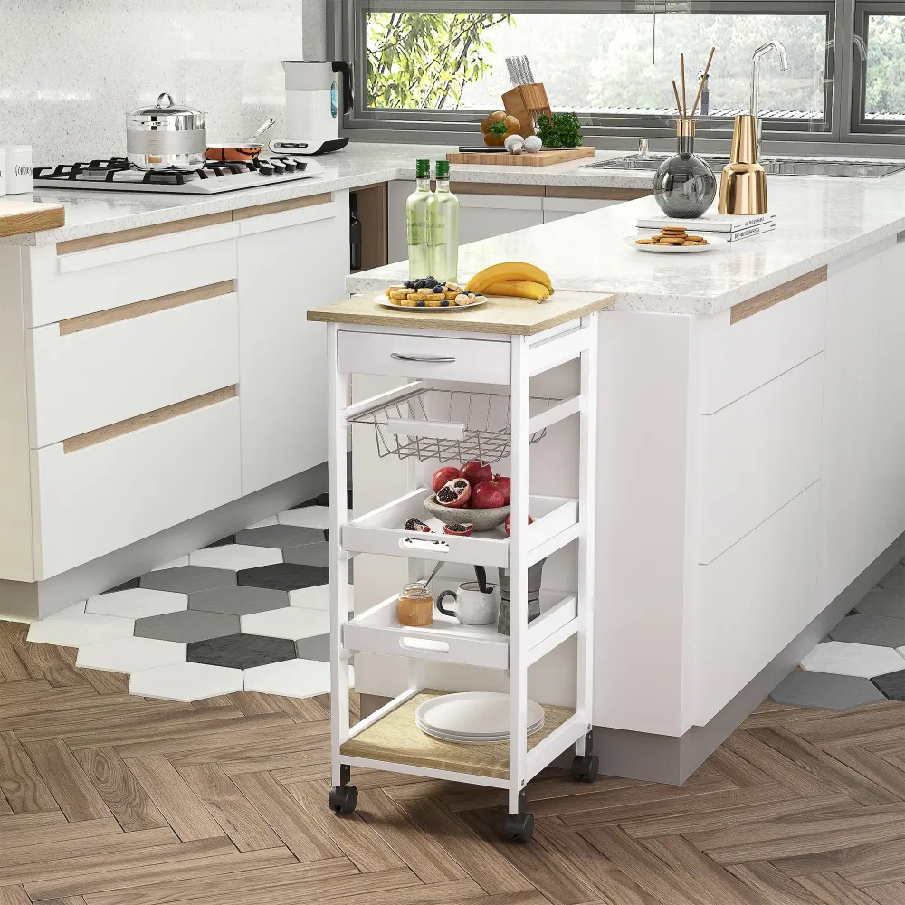 Easycomfort Carrello da Cucina Salvaspazio Legno di Pino e MDF, Carrello Portaoggetti con Cassetto, Cestello, 2 Vassoi e 4...